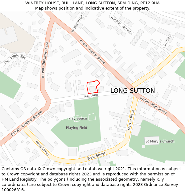 WINFREY HOUSE, BULL LANE, LONG SUTTON, SPALDING, PE12 9HA: Location map and indicative extent of plot