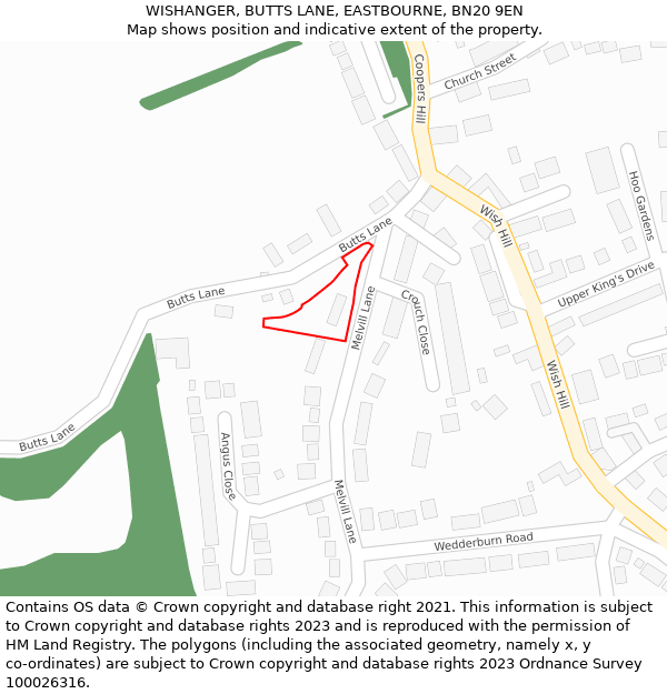 WISHANGER, BUTTS LANE, EASTBOURNE, BN20 9EN: Location map and indicative extent of plot