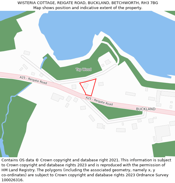 WISTERIA COTTAGE, REIGATE ROAD, BUCKLAND, BETCHWORTH, RH3 7BG: Location map and indicative extent of plot