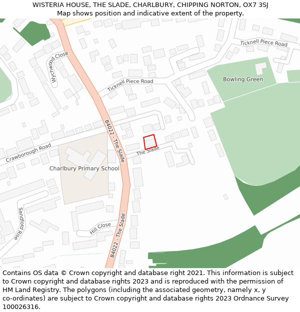 WISTERIA HOUSE, THE SLADE, CHARLBURY, CHIPPING NORTON, OX7 3SJ: Location map and indicative extent of plot