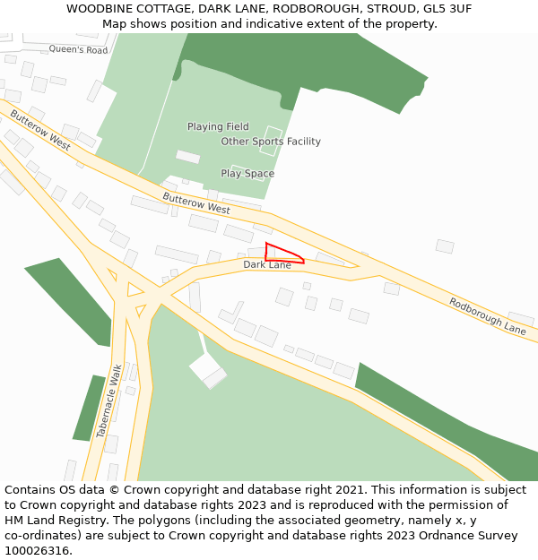 WOODBINE COTTAGE, DARK LANE, RODBOROUGH, STROUD, GL5 3UF: Location map and indicative extent of plot