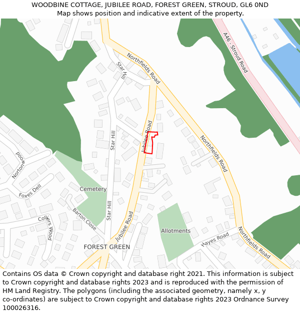 WOODBINE COTTAGE, JUBILEE ROAD, FOREST GREEN, STROUD, GL6 0ND: Location map and indicative extent of plot