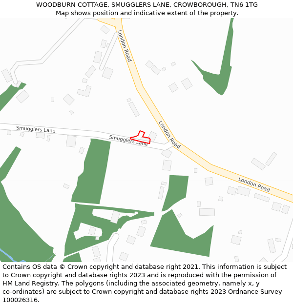 WOODBURN COTTAGE, SMUGGLERS LANE, CROWBOROUGH, TN6 1TG: Location map and indicative extent of plot