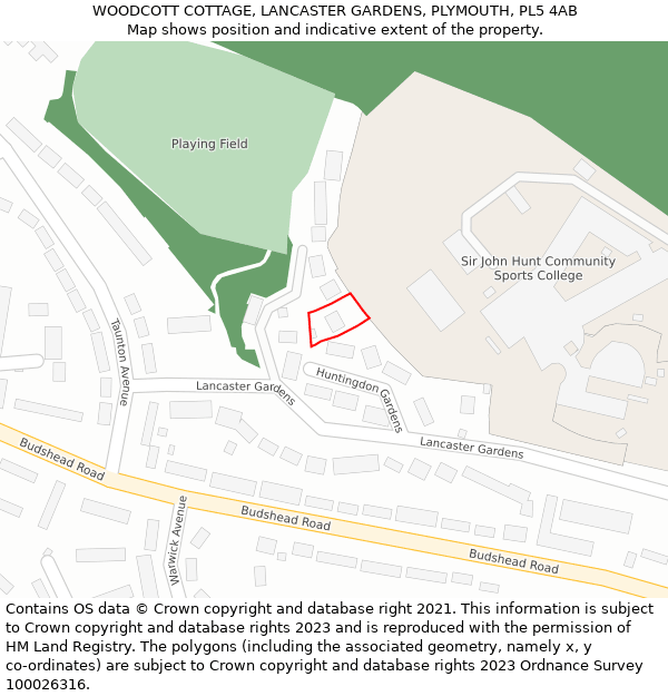 WOODCOTT COTTAGE, LANCASTER GARDENS, PLYMOUTH, PL5 4AB: Location map and indicative extent of plot