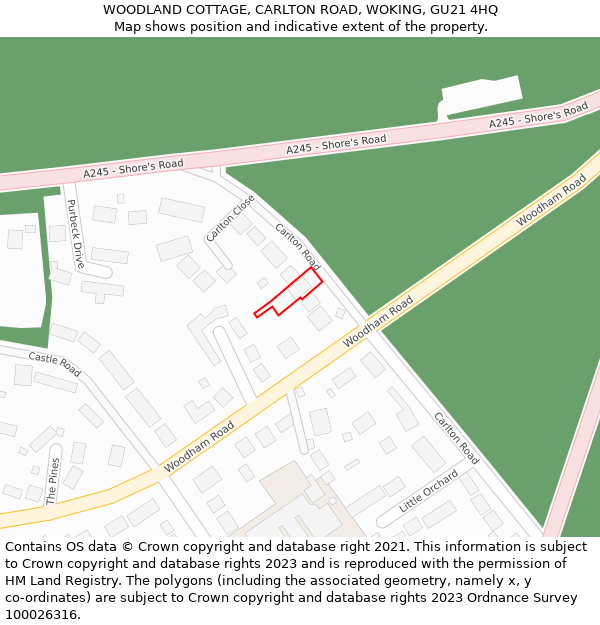 WOODLAND COTTAGE, CARLTON ROAD, WOKING, GU21 4HQ: Location map and indicative extent of plot