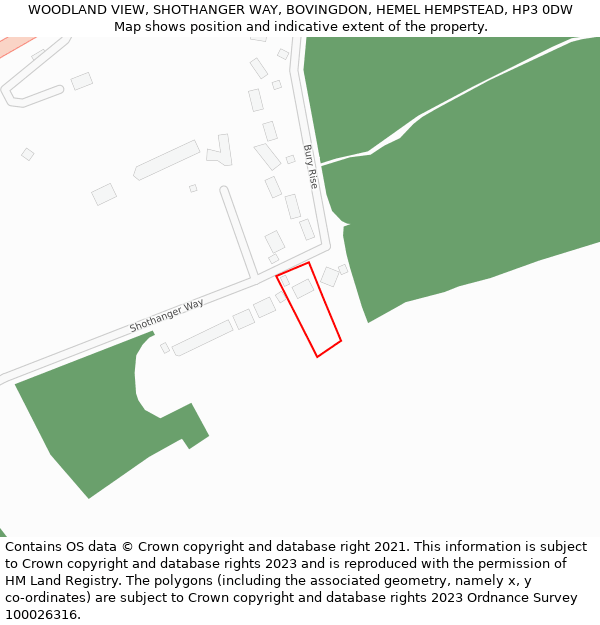 WOODLAND VIEW, SHOTHANGER WAY, BOVINGDON, HEMEL HEMPSTEAD, HP3 0DW: Location map and indicative extent of plot
