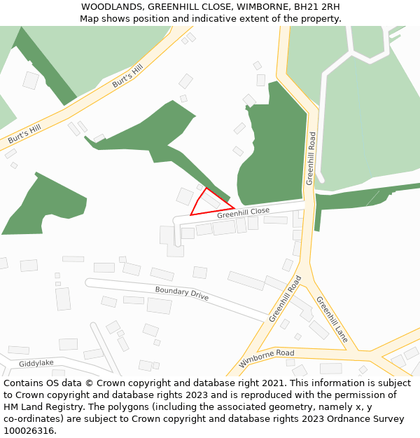 WOODLANDS, GREENHILL CLOSE, WIMBORNE, BH21 2RH: Location map and indicative extent of plot
