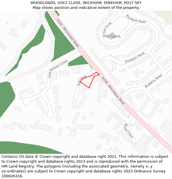 WOODLANDS, HOLT CLOSE, WICKHAM, FAREHAM, PO17 5EY: Location map and indicative extent of plot