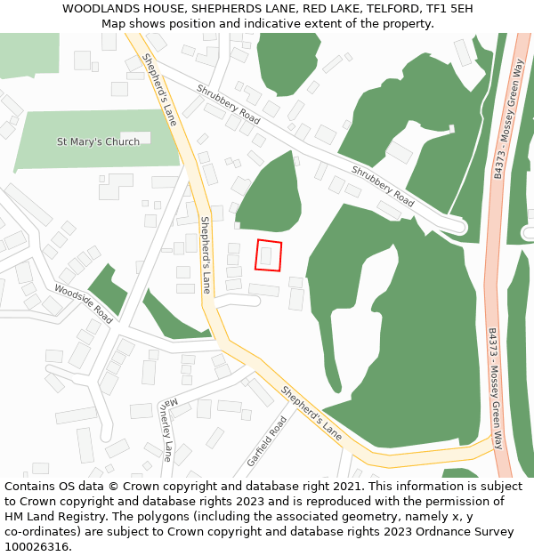 WOODLANDS HOUSE, SHEPHERDS LANE, RED LAKE, TELFORD, TF1 5EH: Location map and indicative extent of plot