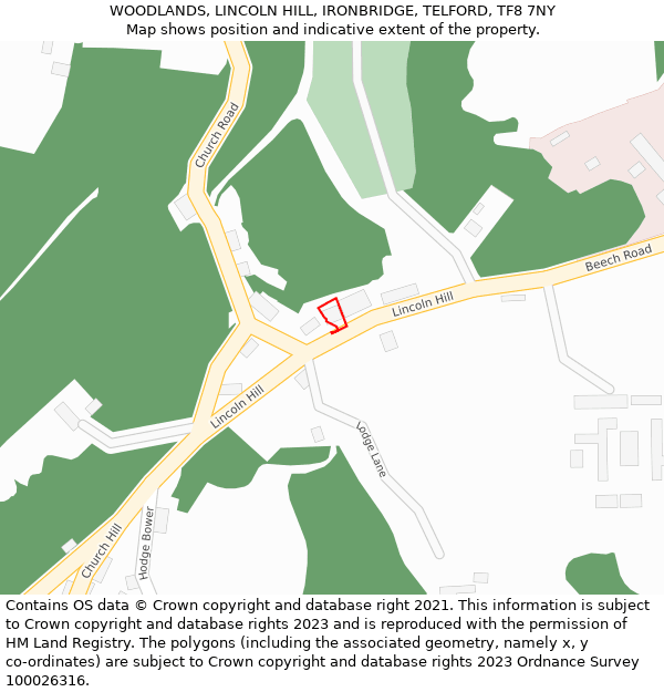 WOODLANDS, LINCOLN HILL, IRONBRIDGE, TELFORD, TF8 7NY: Location map and indicative extent of plot