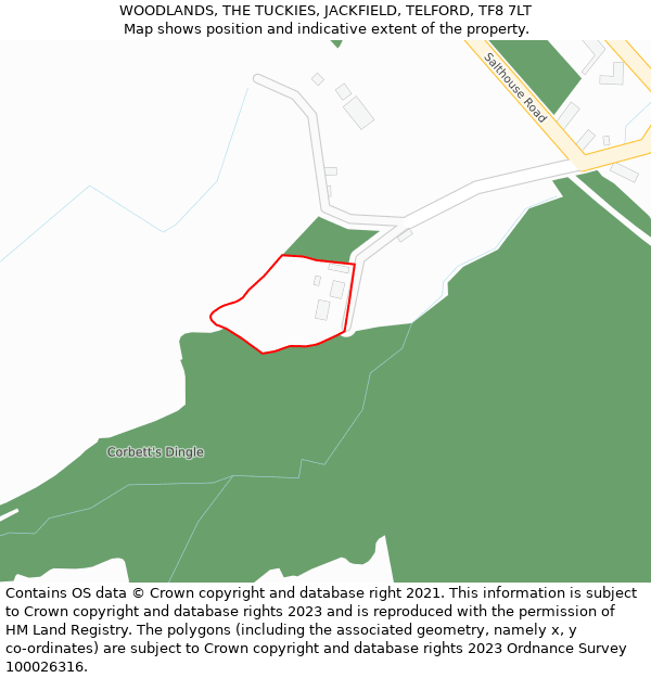 WOODLANDS, THE TUCKIES, JACKFIELD, TELFORD, TF8 7LT: Location map and indicative extent of plot