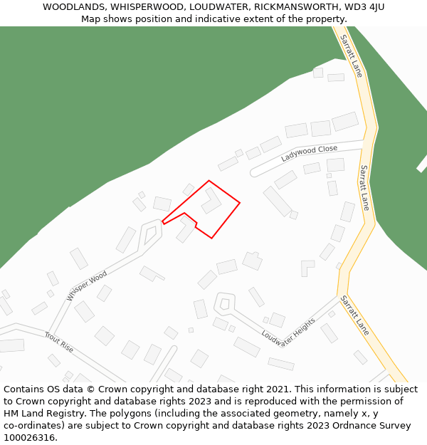 WOODLANDS, WHISPERWOOD, LOUDWATER, RICKMANSWORTH, WD3 4JU: Location map and indicative extent of plot
