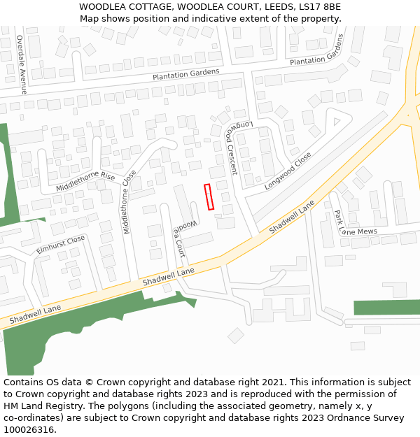WOODLEA COTTAGE, WOODLEA COURT, LEEDS, LS17 8BE: Location map and indicative extent of plot