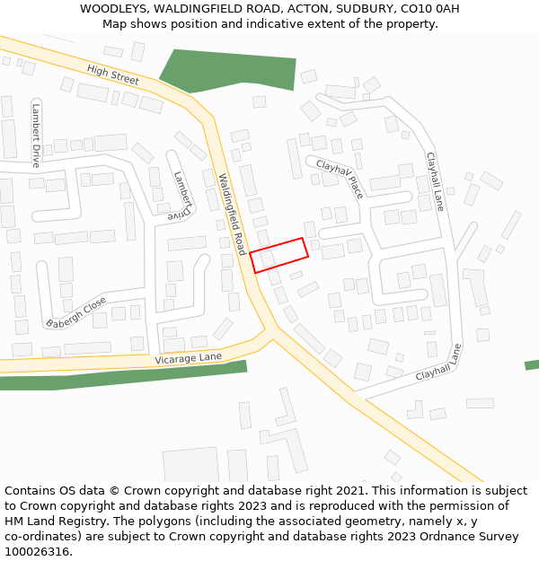 WOODLEYS, WALDINGFIELD ROAD, ACTON, SUDBURY, CO10 0AH: Location map and indicative extent of plot