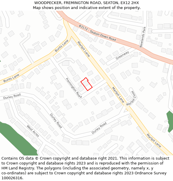 WOODPECKER, FREMINGTON ROAD, SEATON, EX12 2HX: Location map and indicative extent of plot