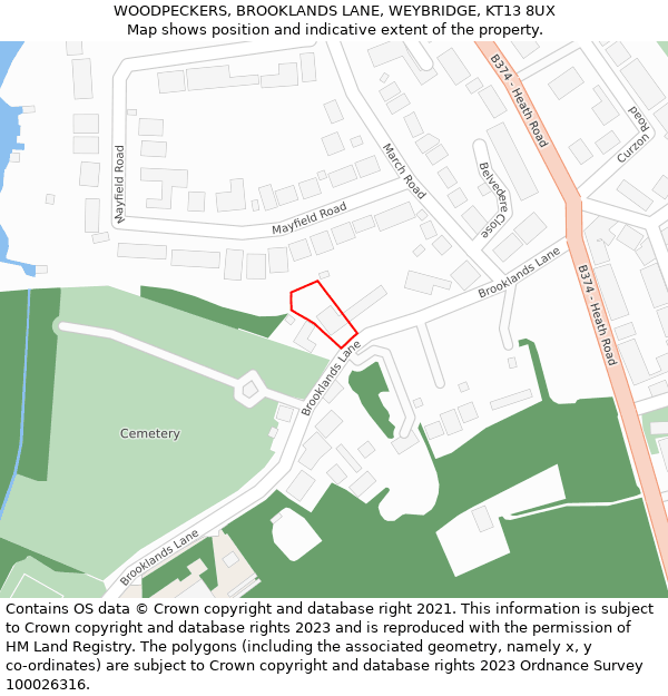 WOODPECKERS, BROOKLANDS LANE, WEYBRIDGE, KT13 8UX: Location map and indicative extent of plot