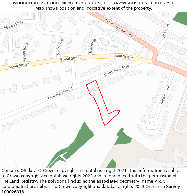 WOODPECKERS, COURTMEAD ROAD, CUCKFIELD, HAYWARDS HEATH, RH17 5LP: Location map and indicative extent of plot