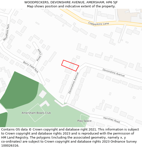 WOODPECKERS, DEVONSHIRE AVENUE, AMERSHAM, HP6 5JF: Location map and indicative extent of plot
