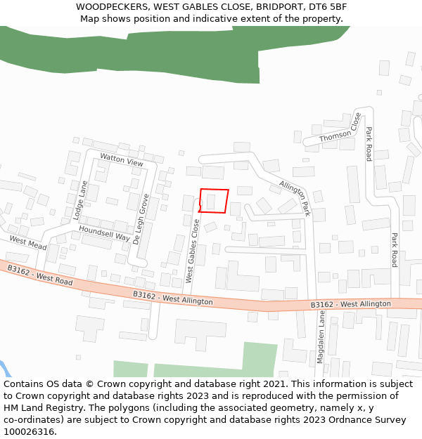 WOODPECKERS, WEST GABLES CLOSE, BRIDPORT, DT6 5BF: Location map and indicative extent of plot