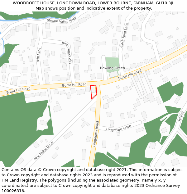 WOODROFFE HOUSE, LONGDOWN ROAD, LOWER BOURNE, FARNHAM, GU10 3JL: Location map and indicative extent of plot