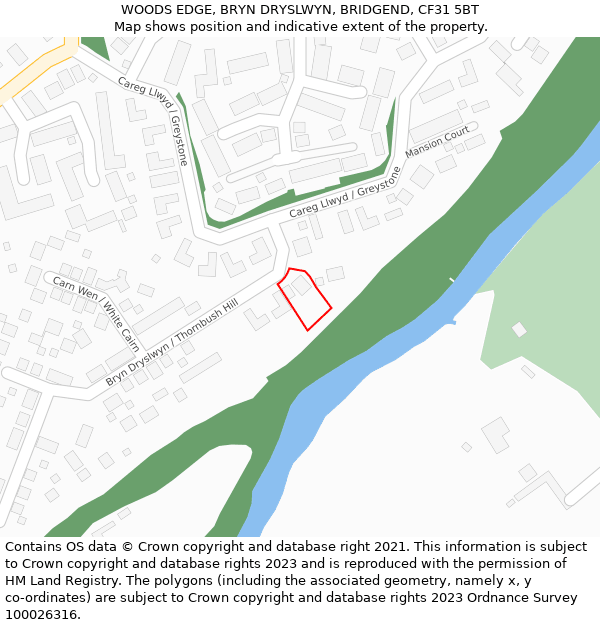 WOODS EDGE, BRYN DRYSLWYN, BRIDGEND, CF31 5BT: Location map and indicative extent of plot