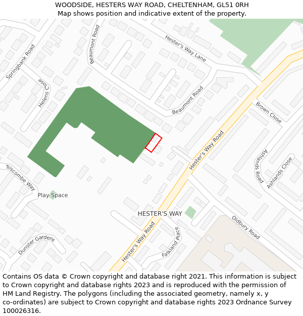 WOODSIDE, HESTERS WAY ROAD, CHELTENHAM, GL51 0RH: Location map and indicative extent of plot