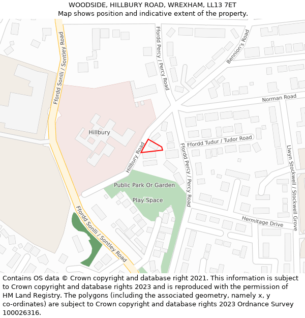 WOODSIDE, HILLBURY ROAD, WREXHAM, LL13 7ET: Location map and indicative extent of plot