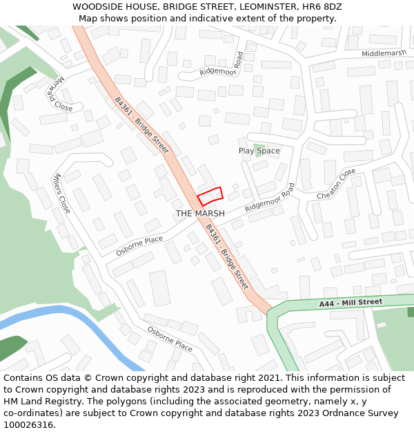 WOODSIDE HOUSE, BRIDGE STREET, LEOMINSTER, HR6 8DZ: Location map and indicative extent of plot