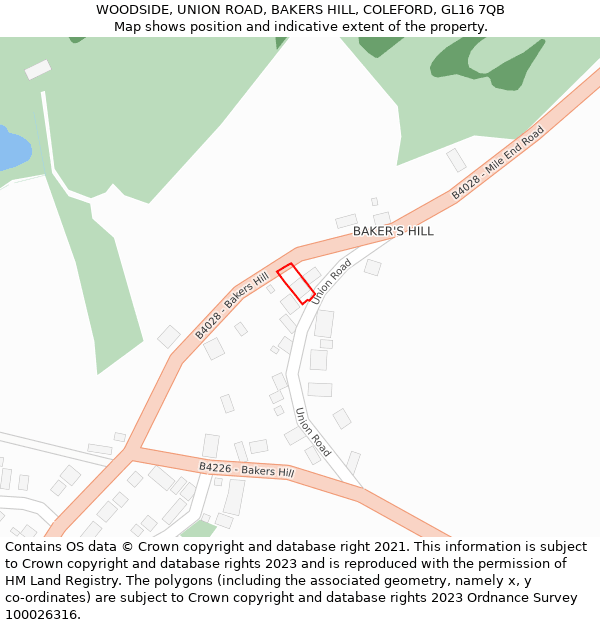 WOODSIDE, UNION ROAD, BAKERS HILL, COLEFORD, GL16 7QB: Location map and indicative extent of plot
