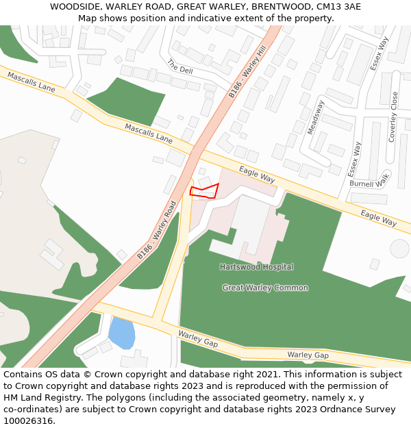 WOODSIDE, WARLEY ROAD, GREAT WARLEY, BRENTWOOD, CM13 3AE: Location map and indicative extent of plot
