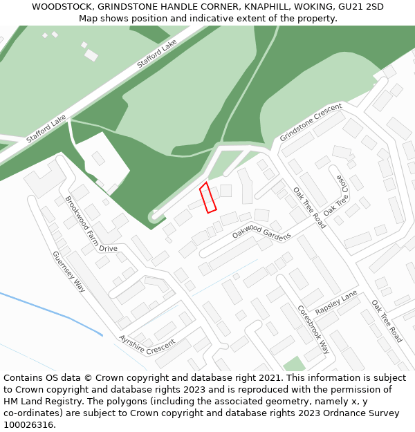 WOODSTOCK, GRINDSTONE HANDLE CORNER, KNAPHILL, WOKING, GU21 2SD: Location map and indicative extent of plot