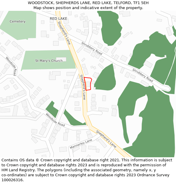 WOODSTOCK, SHEPHERDS LANE, RED LAKE, TELFORD, TF1 5EH: Location map and indicative extent of plot
