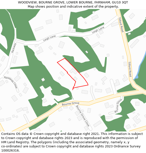 WOODVIEW, BOURNE GROVE, LOWER BOURNE, FARNHAM, GU10 3QT: Location map and indicative extent of plot