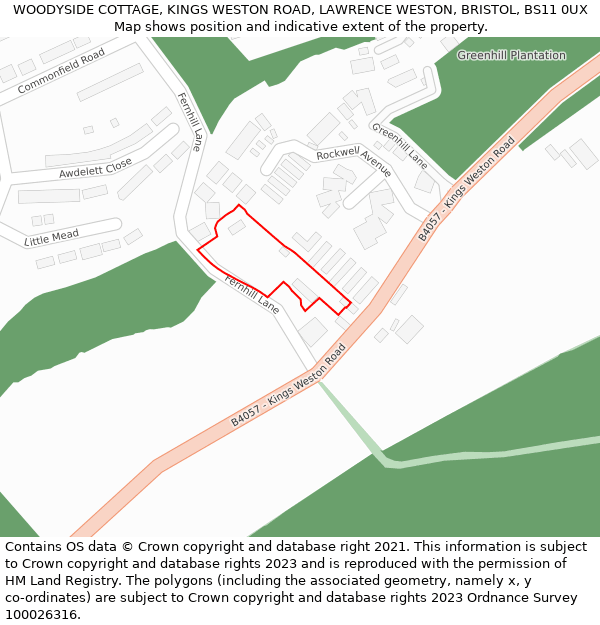 WOODYSIDE COTTAGE, KINGS WESTON ROAD, LAWRENCE WESTON, BRISTOL, BS11 0UX: Location map and indicative extent of plot