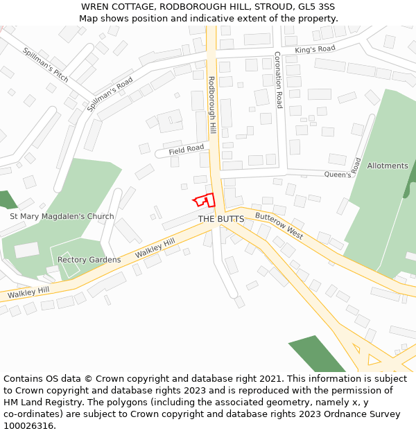 WREN COTTAGE, RODBOROUGH HILL, STROUD, GL5 3SS: Location map and indicative extent of plot