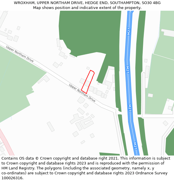 WROXHAM, UPPER NORTHAM DRIVE, HEDGE END, SOUTHAMPTON, SO30 4BG: Location map and indicative extent of plot