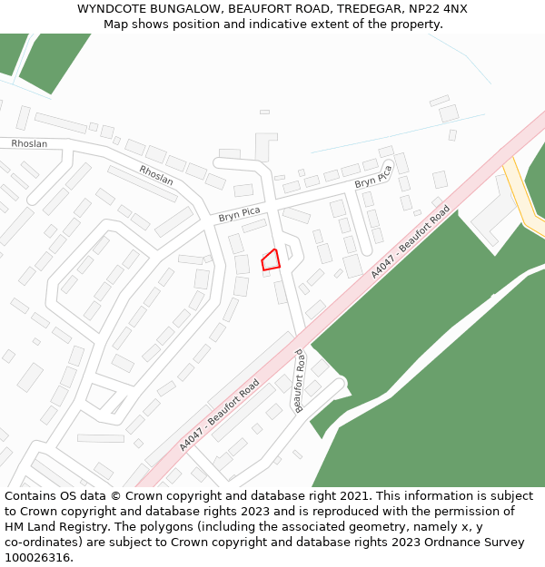 WYNDCOTE BUNGALOW, BEAUFORT ROAD, TREDEGAR, NP22 4NX: Location map and indicative extent of plot