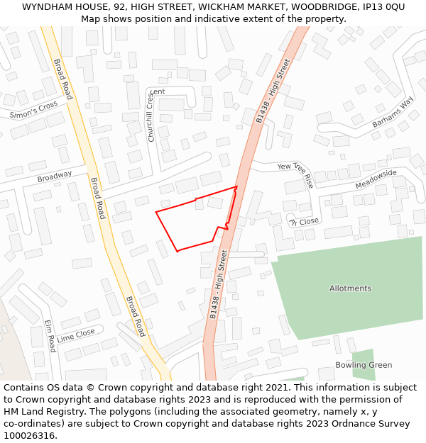 WYNDHAM HOUSE, 92, HIGH STREET, WICKHAM MARKET, WOODBRIDGE, IP13 0QU: Location map and indicative extent of plot