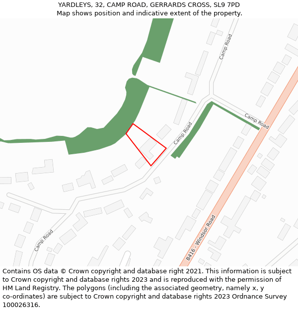 YARDLEYS, 32, CAMP ROAD, GERRARDS CROSS, SL9 7PD: Location map and indicative extent of plot