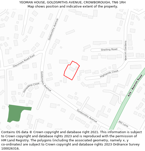 YEOMAN HOUSE, GOLDSMITHS AVENUE, CROWBOROUGH, TN6 1RH: Location map and indicative extent of plot