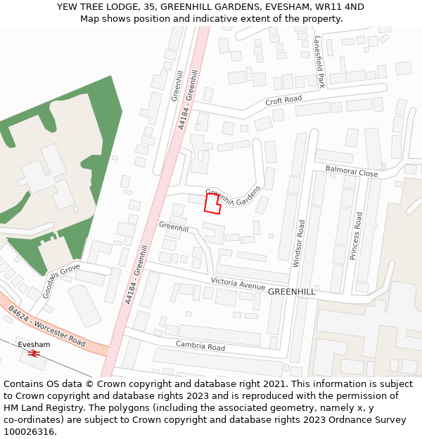 YEW TREE LODGE, 35, GREENHILL GARDENS, EVESHAM, WR11 4ND: Location map and indicative extent of plot