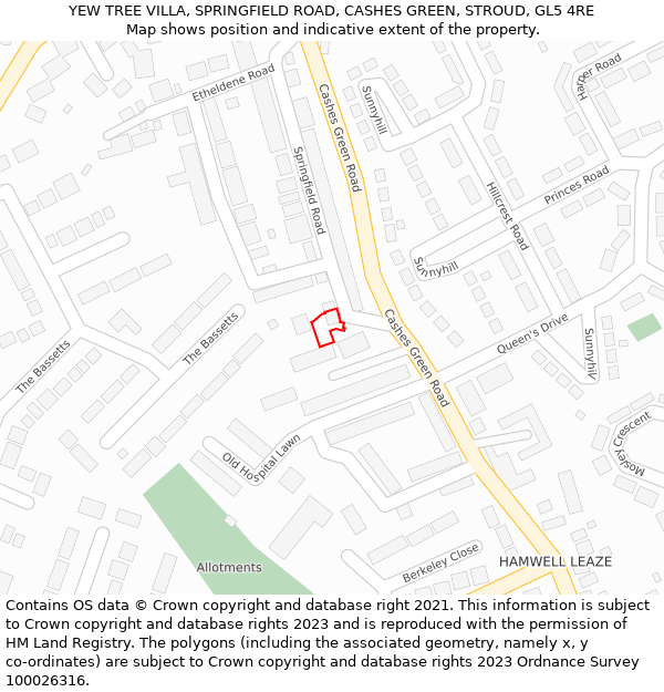 YEW TREE VILLA, SPRINGFIELD ROAD, CASHES GREEN, STROUD, GL5 4RE: Location map and indicative extent of plot