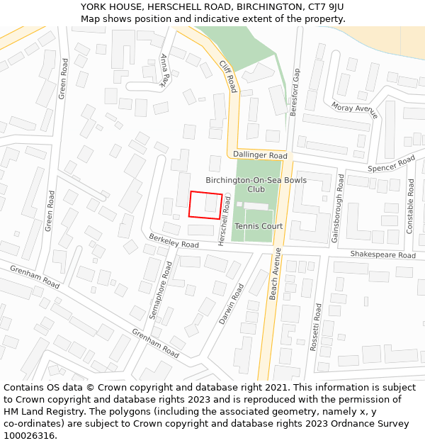 YORK HOUSE, HERSCHELL ROAD, BIRCHINGTON, CT7 9JU: Location map and indicative extent of plot