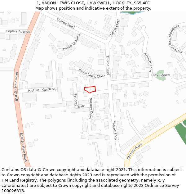 1, AARON LEWIS CLOSE, HAWKWELL, HOCKLEY, SS5 4FE: Location map and indicative extent of plot