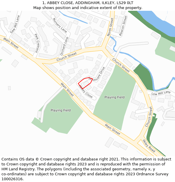 1, ABBEY CLOSE, ADDINGHAM, ILKLEY, LS29 0LT: Location map and indicative extent of plot