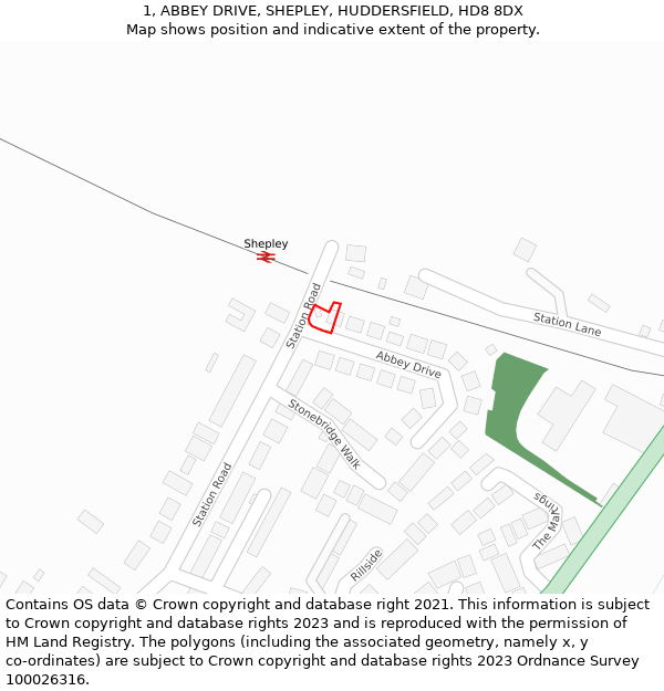 1, ABBEY DRIVE, SHEPLEY, HUDDERSFIELD, HD8 8DX: Location map and indicative extent of plot