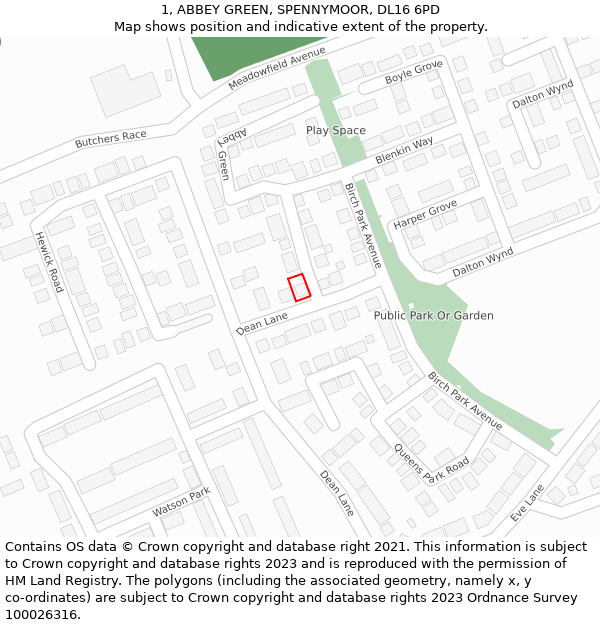 1, ABBEY GREEN, SPENNYMOOR, DL16 6PD: Location map and indicative extent of plot