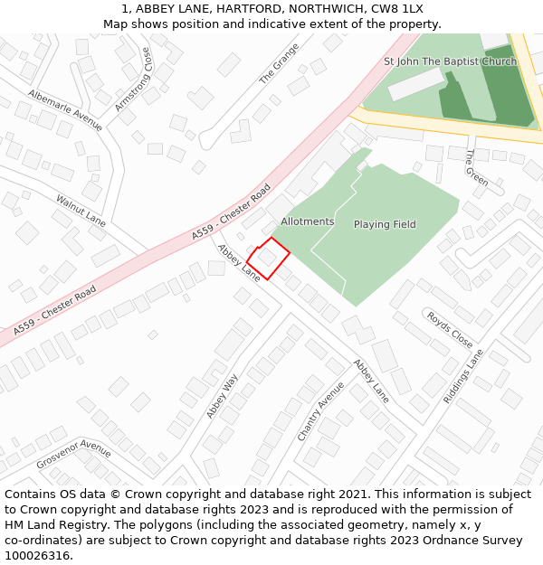 1, ABBEY LANE, HARTFORD, NORTHWICH, CW8 1LX: Location map and indicative extent of plot