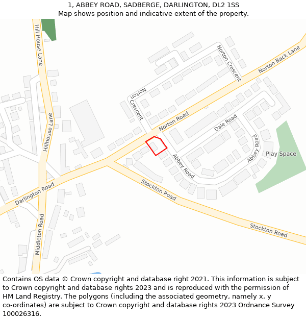 1, ABBEY ROAD, SADBERGE, DARLINGTON, DL2 1SS: Location map and indicative extent of plot