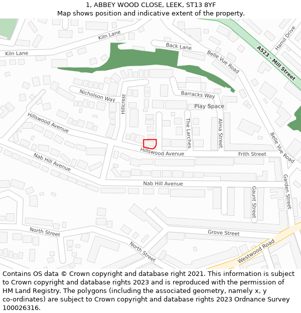 1, ABBEY WOOD CLOSE, LEEK, ST13 8YF: Location map and indicative extent of plot